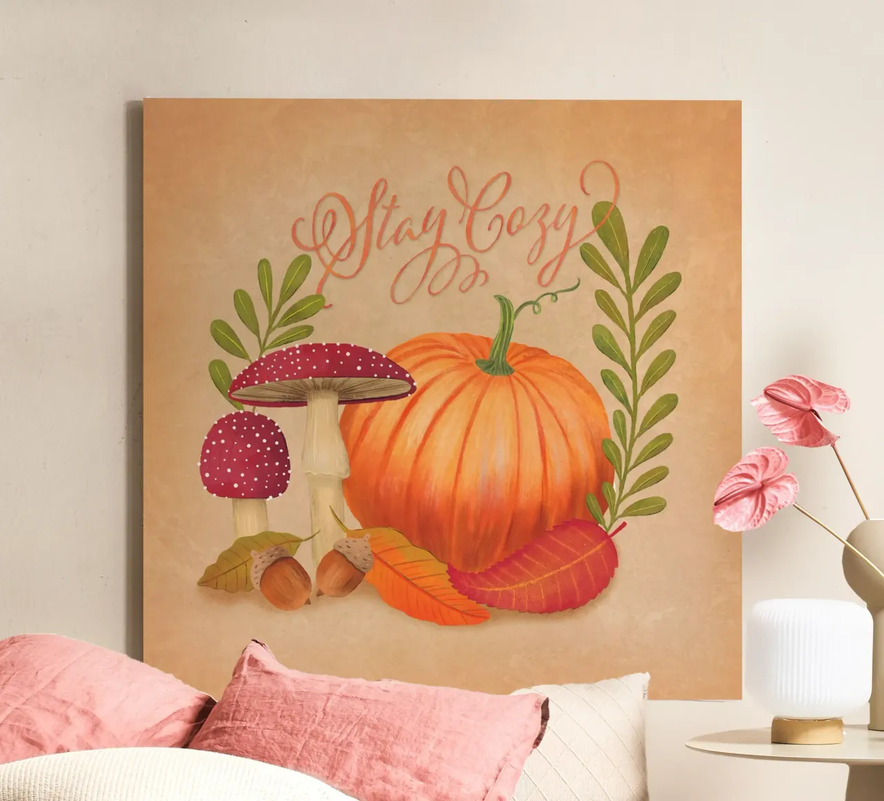 Autumn with pumpkin and leaves. Make yourself cosy. canvas by CalliLetters