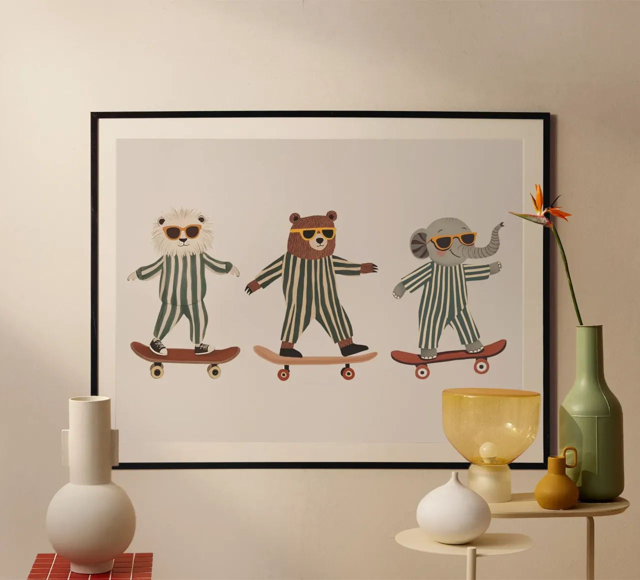 Animali che fanno skateboard, arte murale della nursery, decorazioni per la stanza dei giochi carta hahnemühle da Little Lola