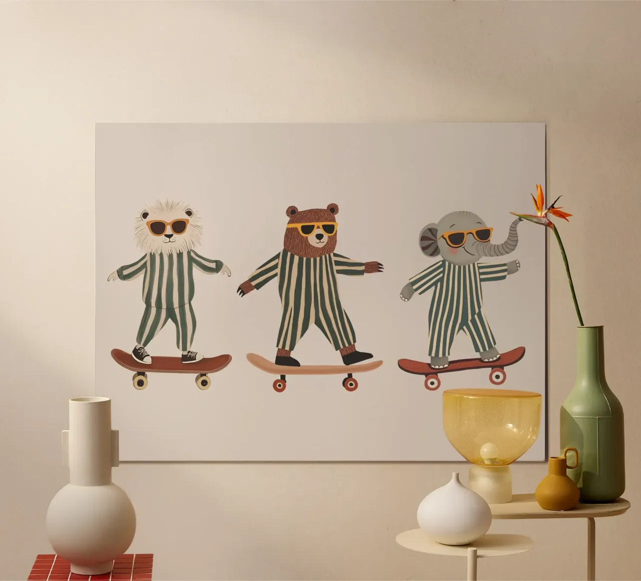 Animali che fanno skateboard, arte murale della nursery, decorazioni per la stanza dei giochi carta hahnemühle da Little Lola