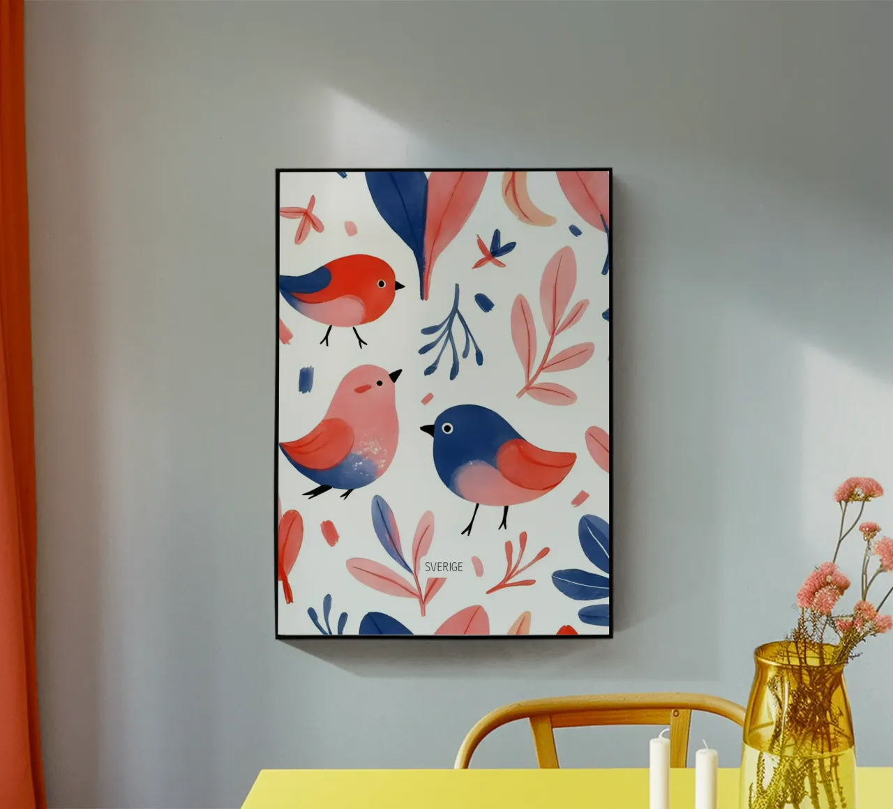 Nordic Folk Art – Bird Pattern in Red & Blue plexiglass da Bullerbü Design Studio