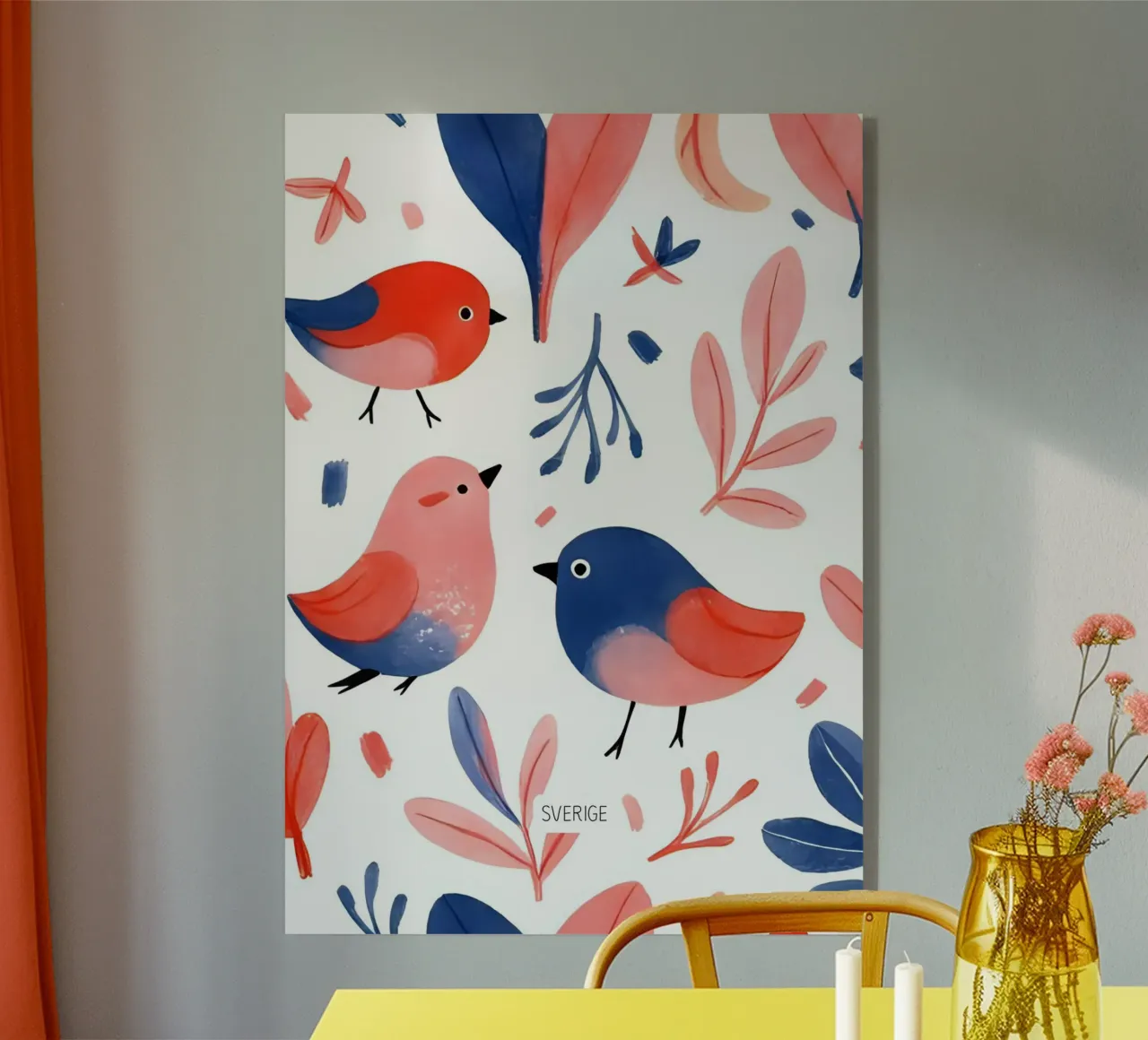 Nordic Folk Art – Bird Pattern in Red & Blue plexiglass da Bullerbü Design Studio