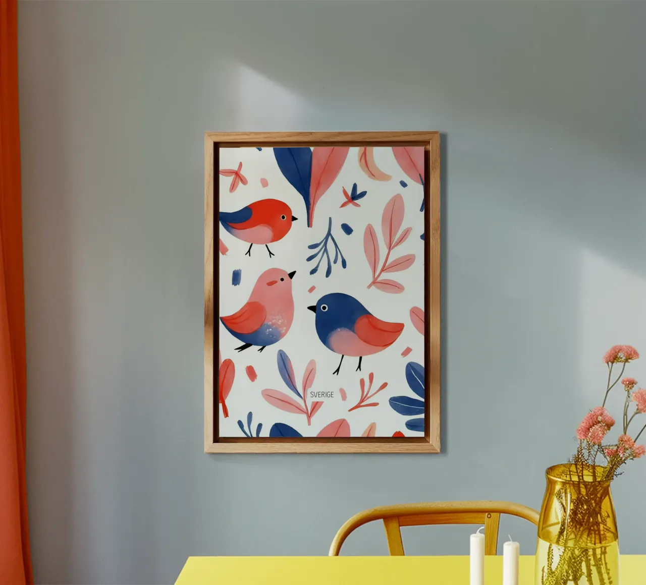 Nordic Folk Art – Bird Pattern in Red & Blue alluminio dibond da Bullerbü Design Studio