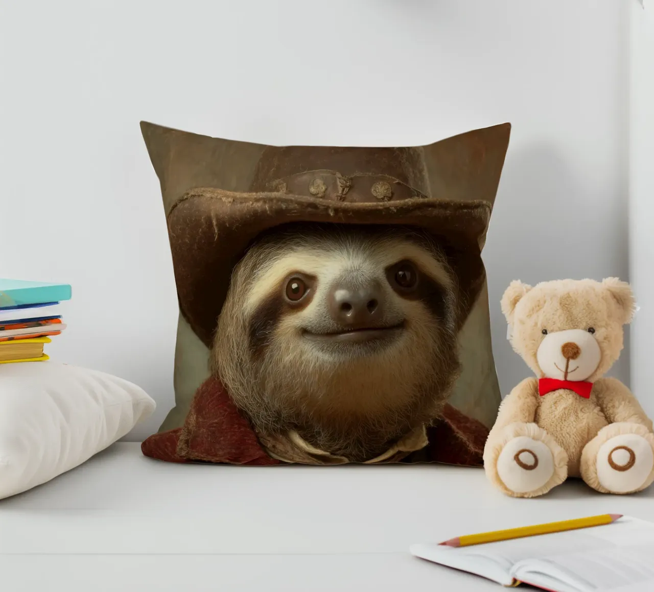 Faultier cowboy, retro Gemälde cuscino da SlothStella