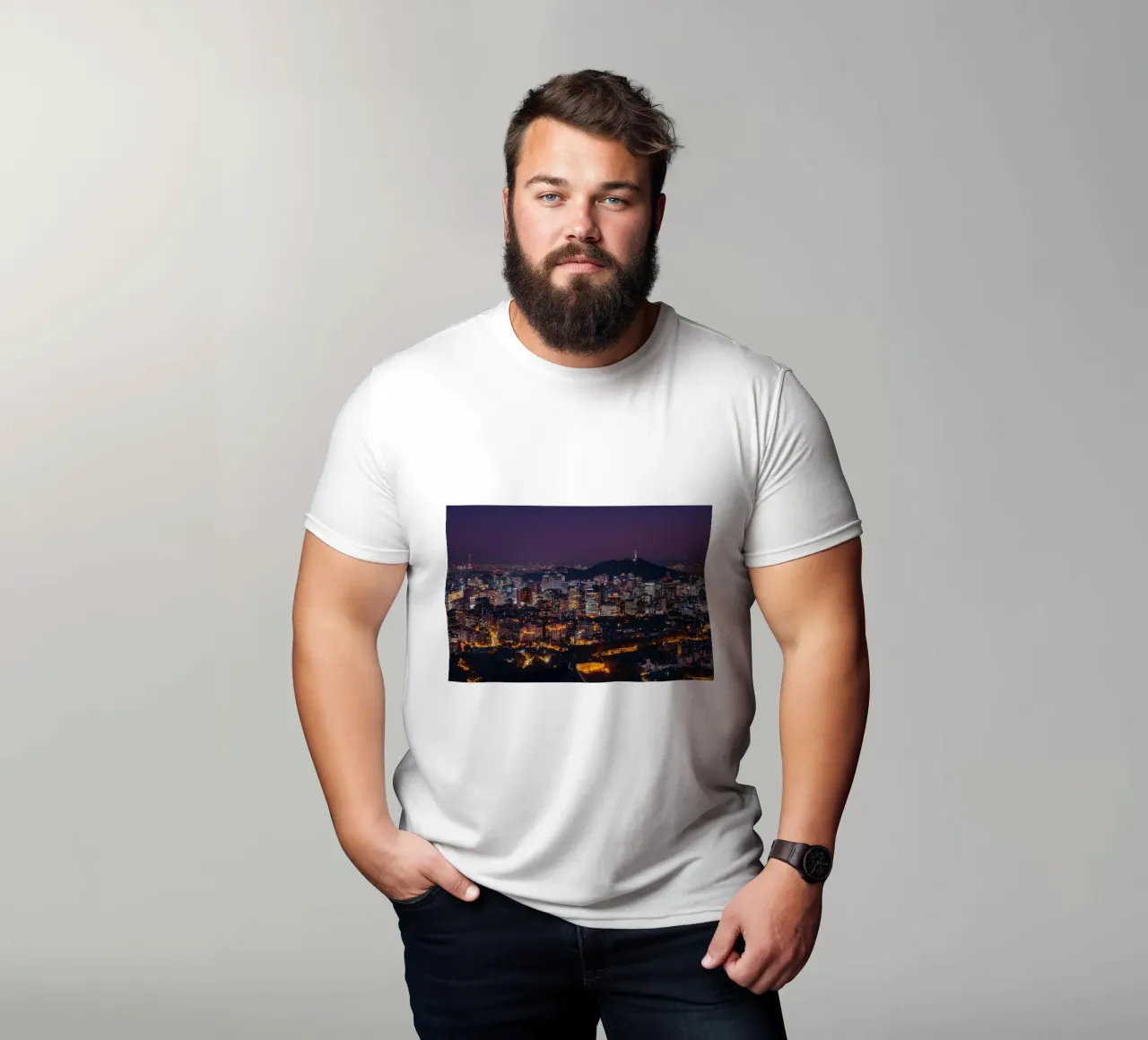 Skyline notturno della città di Seul, Corea del Sud t-shirt da mbgraphx2