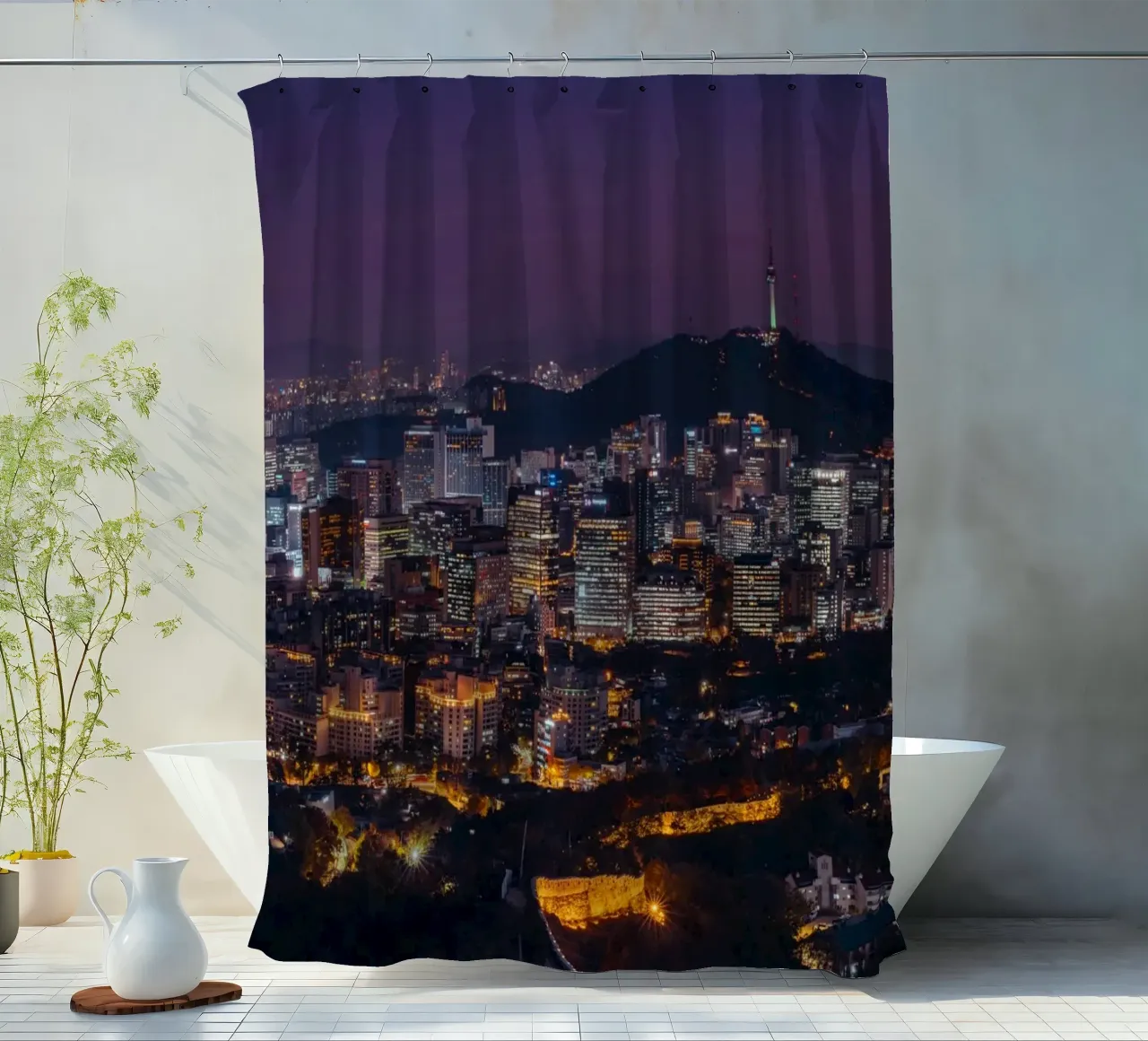 Skyline notturno della città di Seul, Corea del Sud tenda da doccia da mbgraphx2