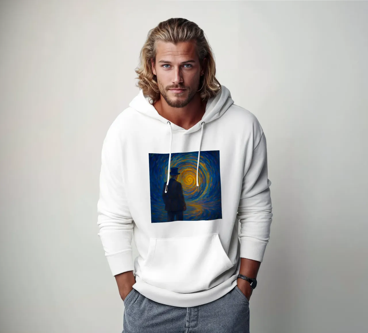 Uomo di fronte a un vortice luminoso in una scena onirica di vortice felpa con cappuccio da Vincent’s Universe