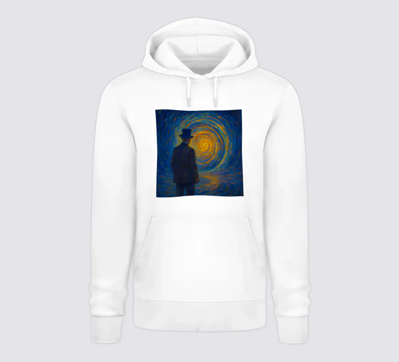 Uomo di fronte a un vortice luminoso in una scena onirica di vortice felpa con cappuccio da Vincent’s Universe