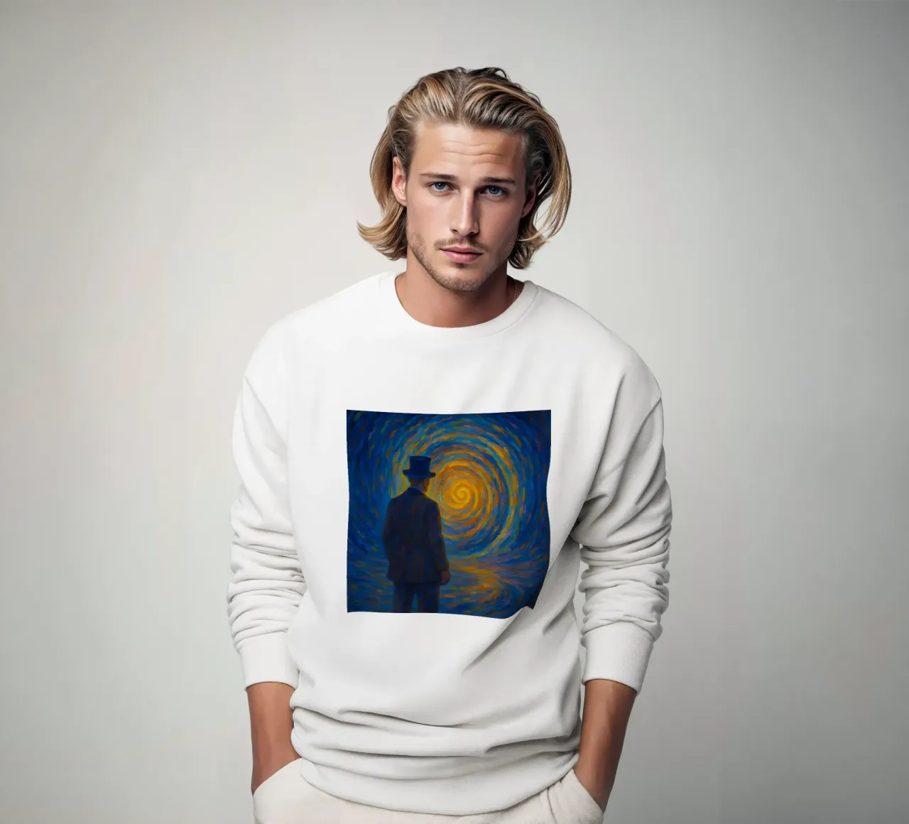 Uomo di fronte a un vortice luminoso in una scena onirica di vortice felpa da Vincent’s Universe