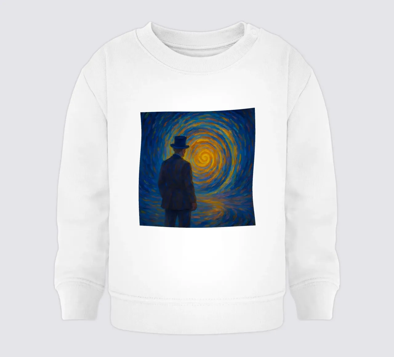 Uomo di fronte a un vortice luminoso in una scena onirica di vortice felpa neonato da Vincent’s Universe