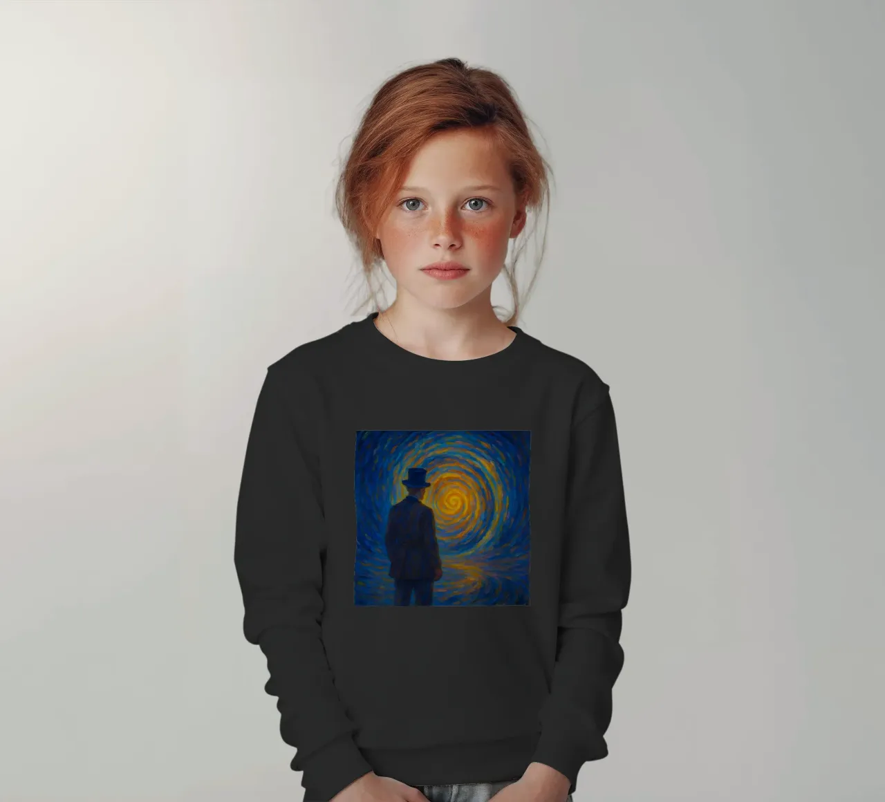 Uomo di fronte a un vortice luminoso in una scena onirica di vortice felpa bambino da Vincent’s Universe