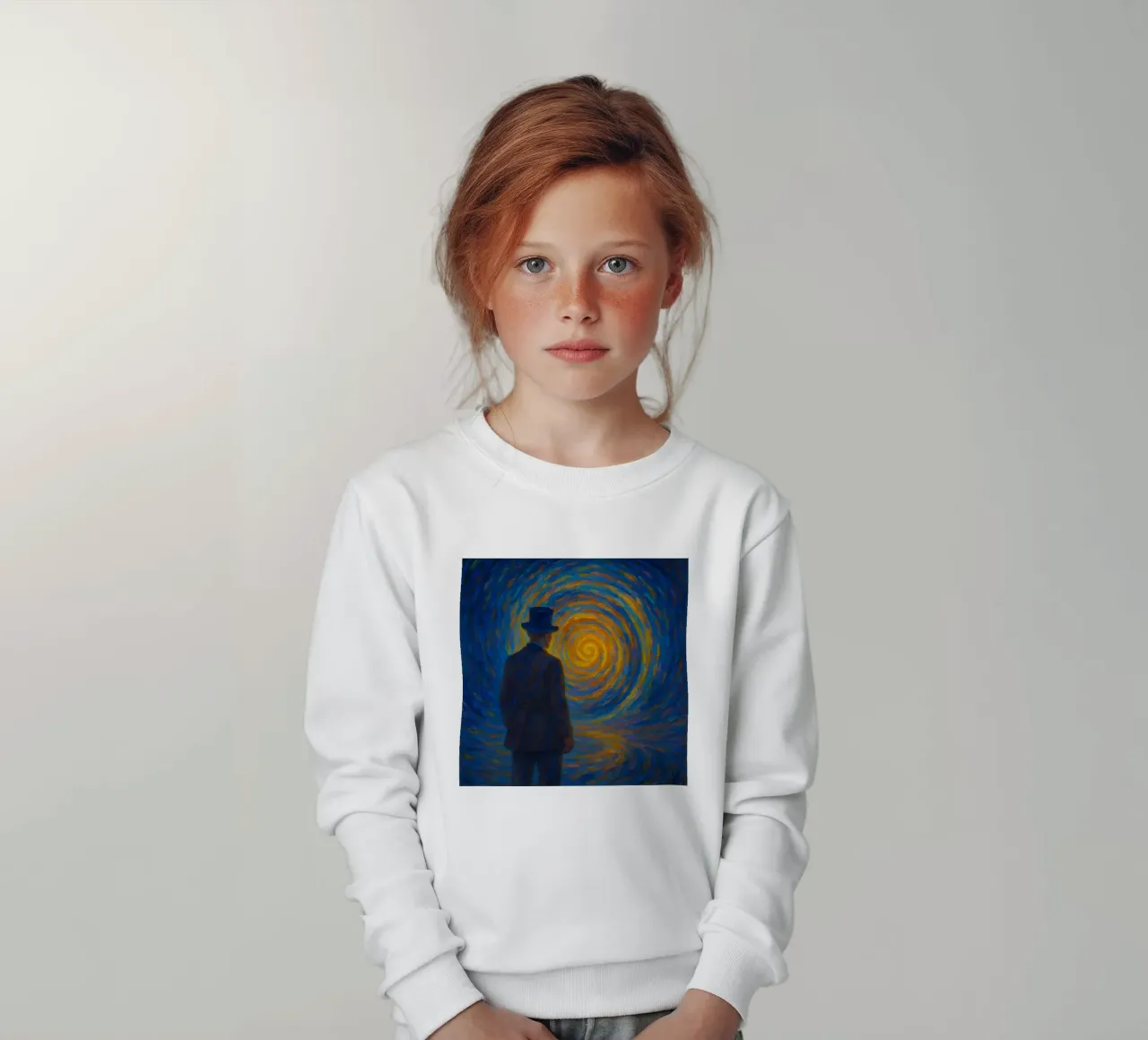 Uomo di fronte a un vortice luminoso in una scena onirica di vortice felpa bambino da Vincent’s Universe