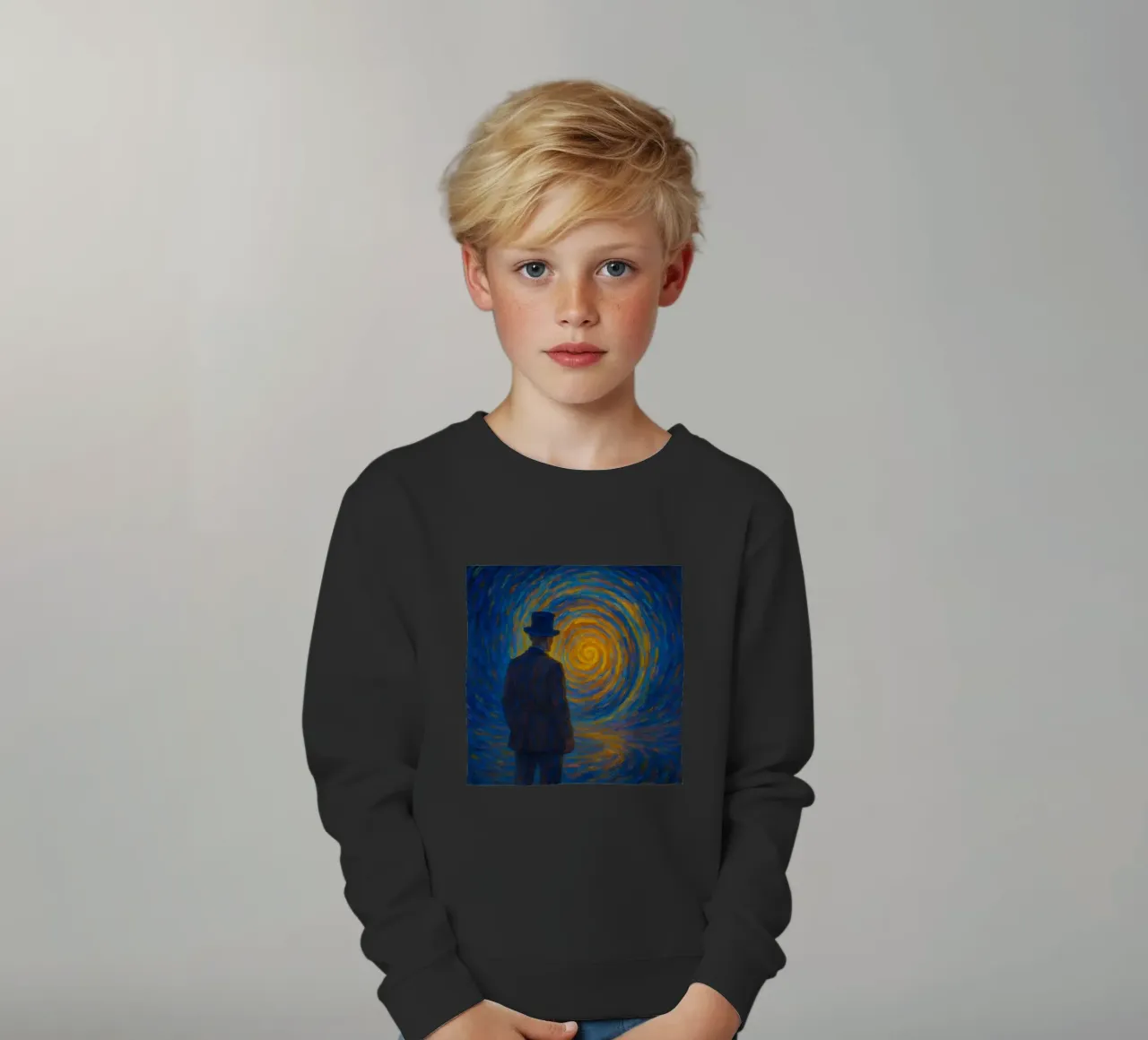 Uomo di fronte a un vortice luminoso in una scena onirica di vortice felpa bambino da Vincent’s Universe