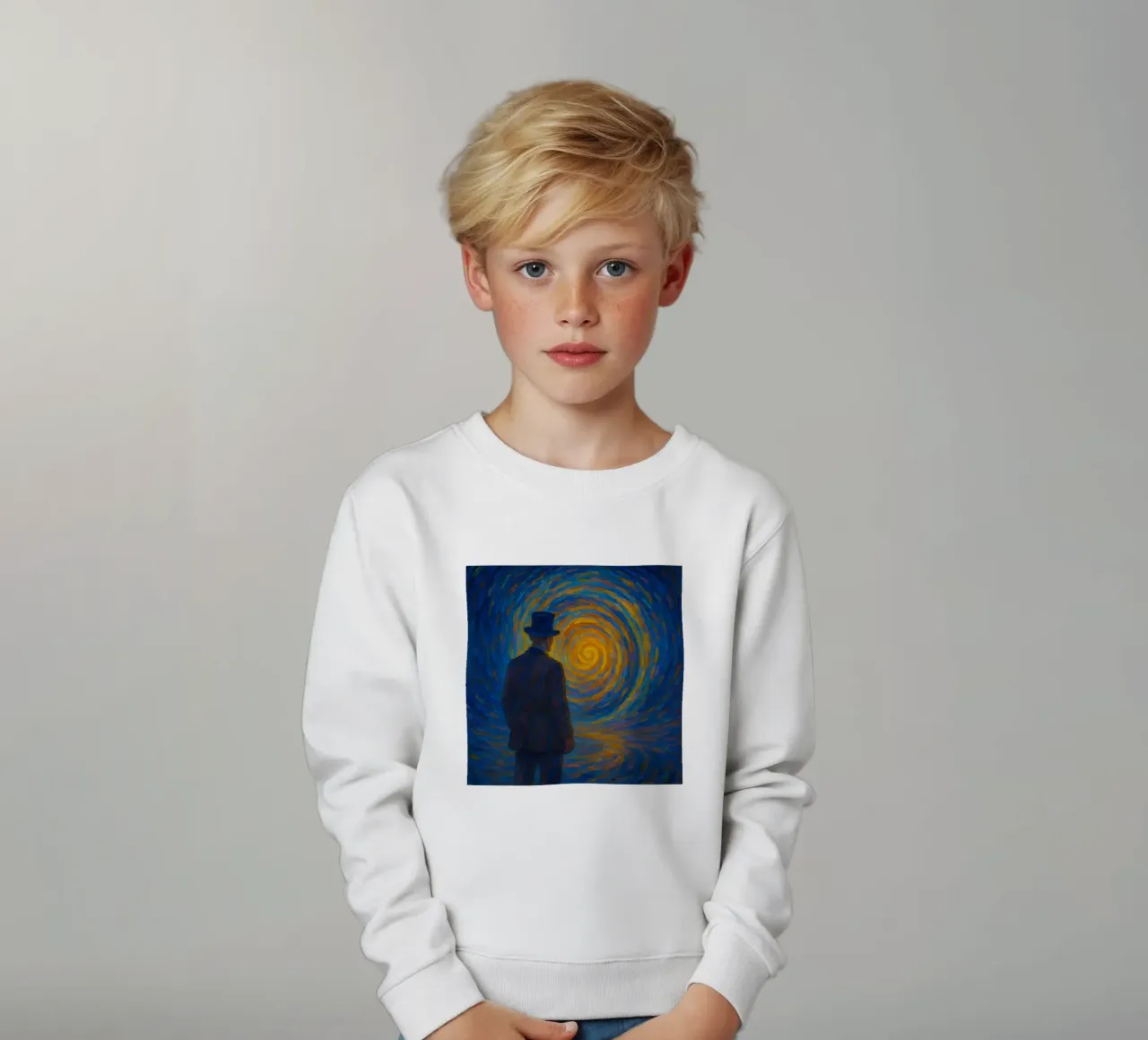 Uomo di fronte a un vortice luminoso in una scena onirica di vortice felpa bambino da Vincent’s Universe