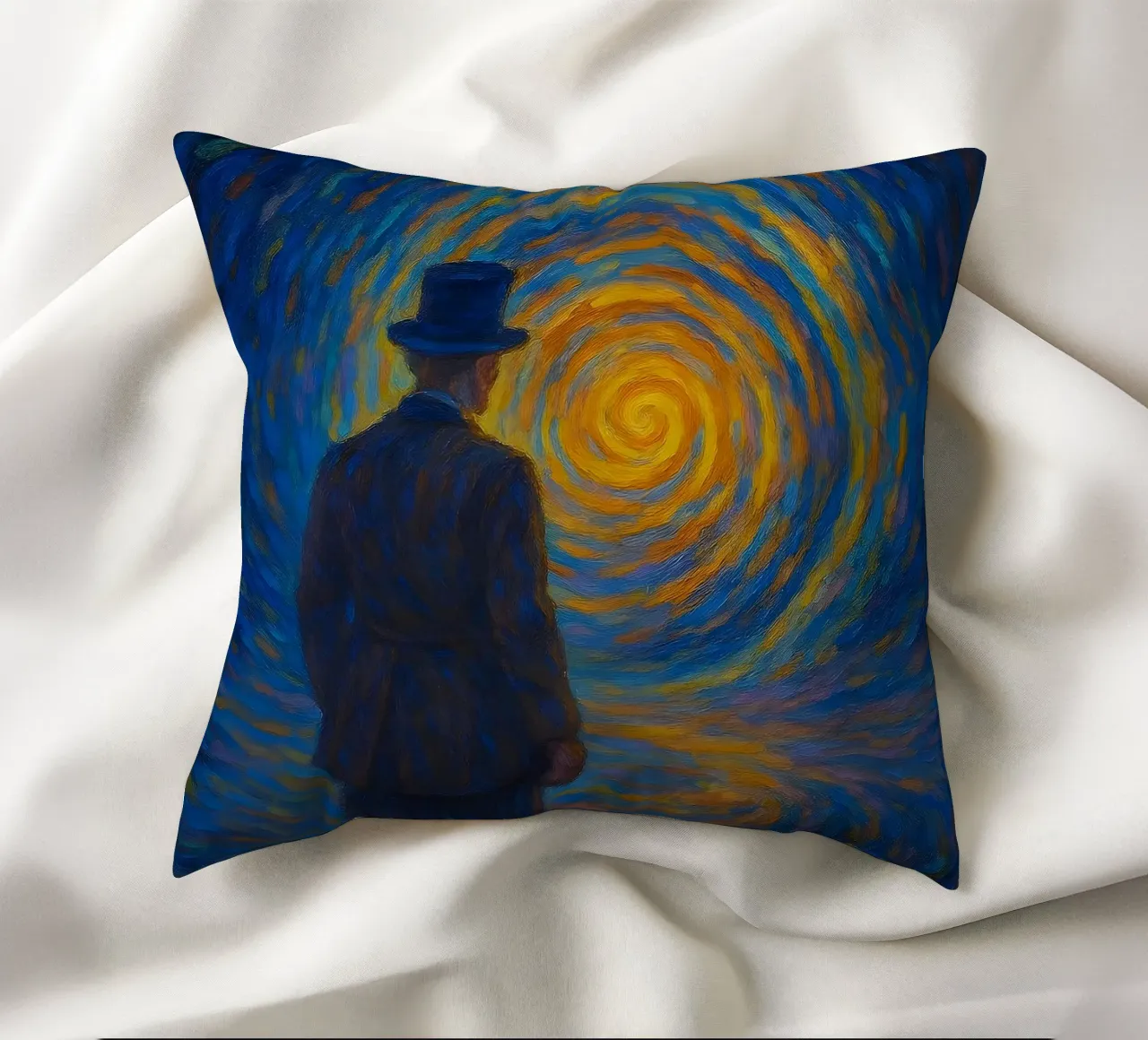 Uomo di fronte a un vortice luminoso in una scena onirica di vortice cuscino da Vincent’s Universe