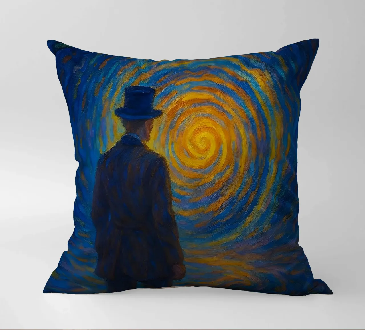 Uomo di fronte a un vortice luminoso in una scena onirica di vortice cuscino da Vincent’s Universe