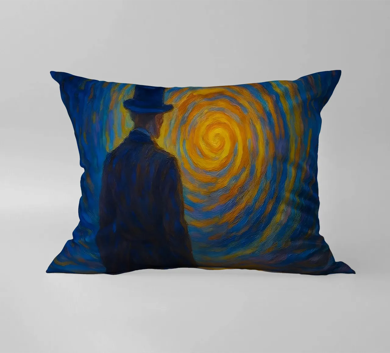 Uomo di fronte a un vortice luminoso in una scena onirica di vortice cuscino da Vincent’s Universe