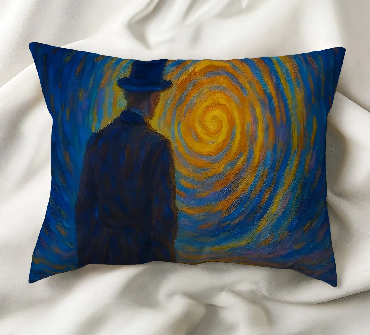 Uomo di fronte a un vortice luminoso in una scena onirica di vortice cuscino da Vincent’s Universe