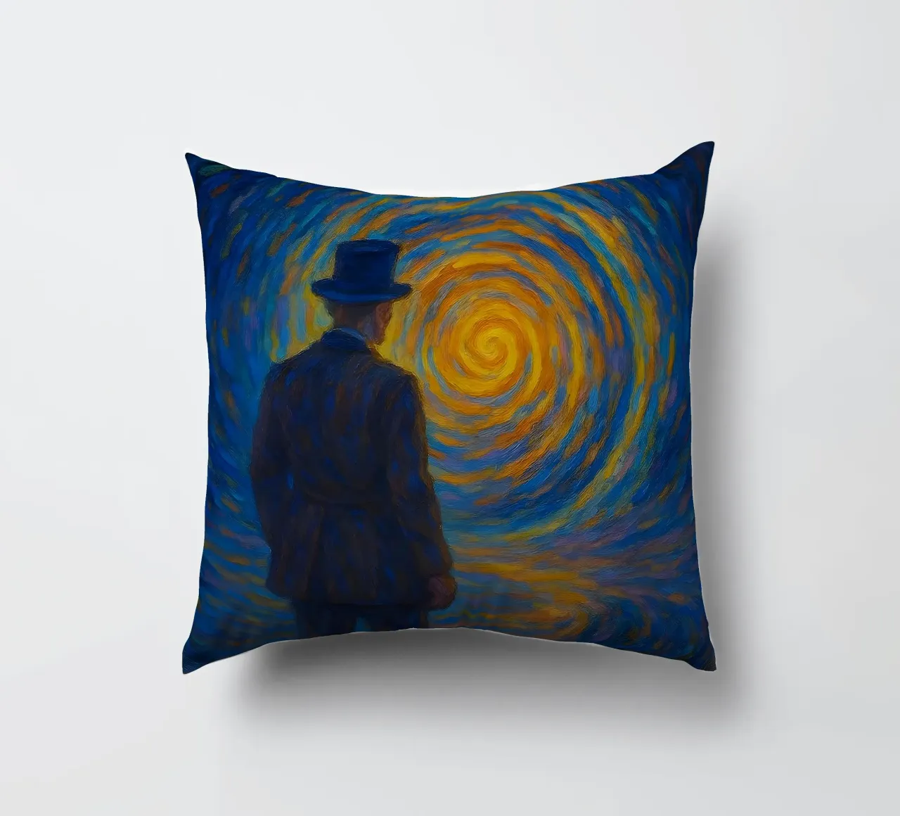 Uomo di fronte a un vortice luminoso in una scena onirica di vortice cuscino da Vincent’s Universe