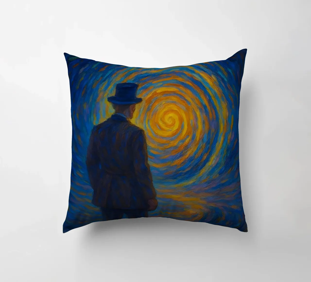 Uomo di fronte a un vortice luminoso in una scena onirica di vortice cuscino da Vincent’s Universe