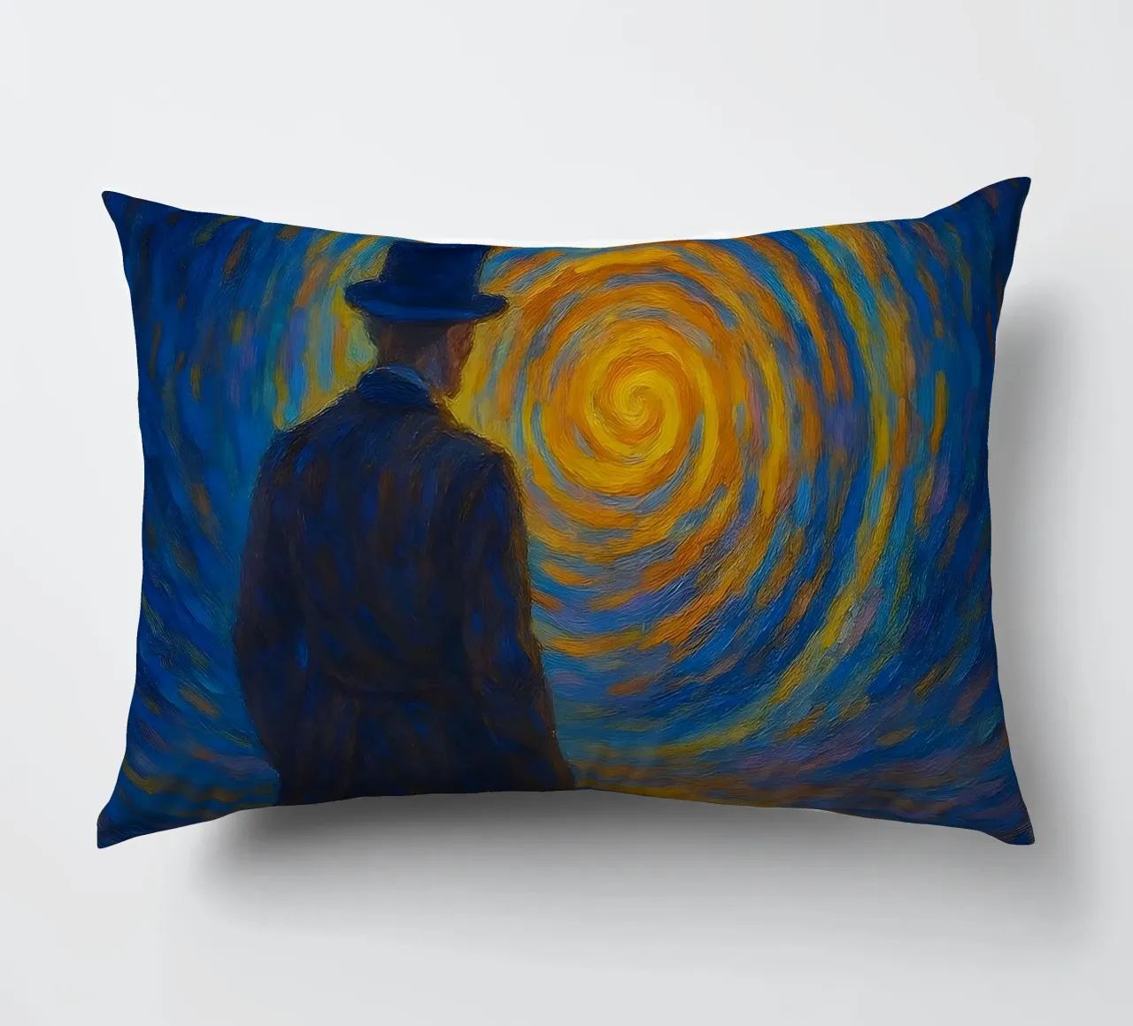 Uomo di fronte a un vortice luminoso in una scena onirica di vortice cuscino da Vincent’s Universe