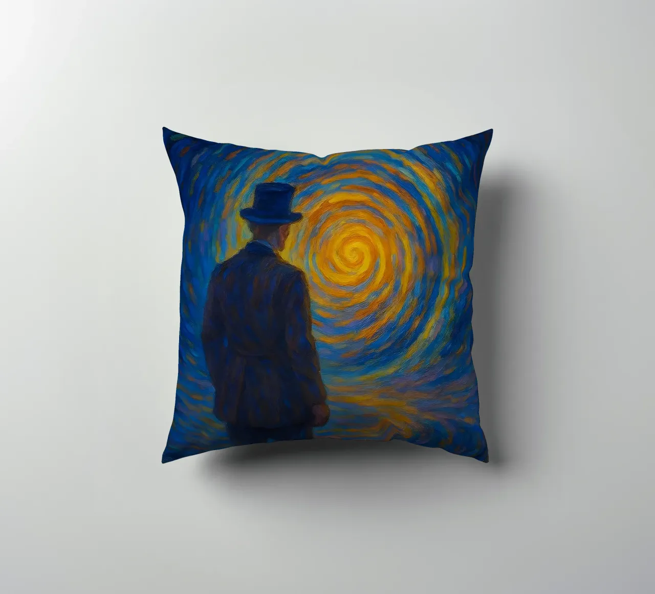 Uomo di fronte a un vortice luminoso in una scena onirica di vortice cuscino da Vincent’s Universe