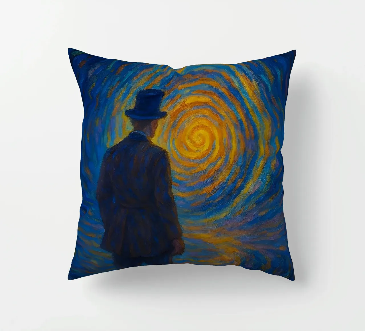 Uomo di fronte a un vortice luminoso in una scena onirica di vortice cuscino da Vincent’s Universe