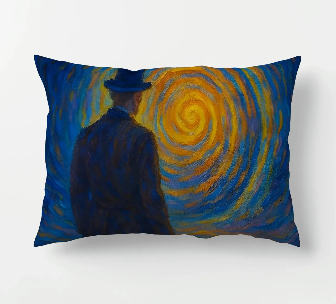 Uomo di fronte a un vortice luminoso in una scena onirica di vortice cuscino da Vincent’s Universe