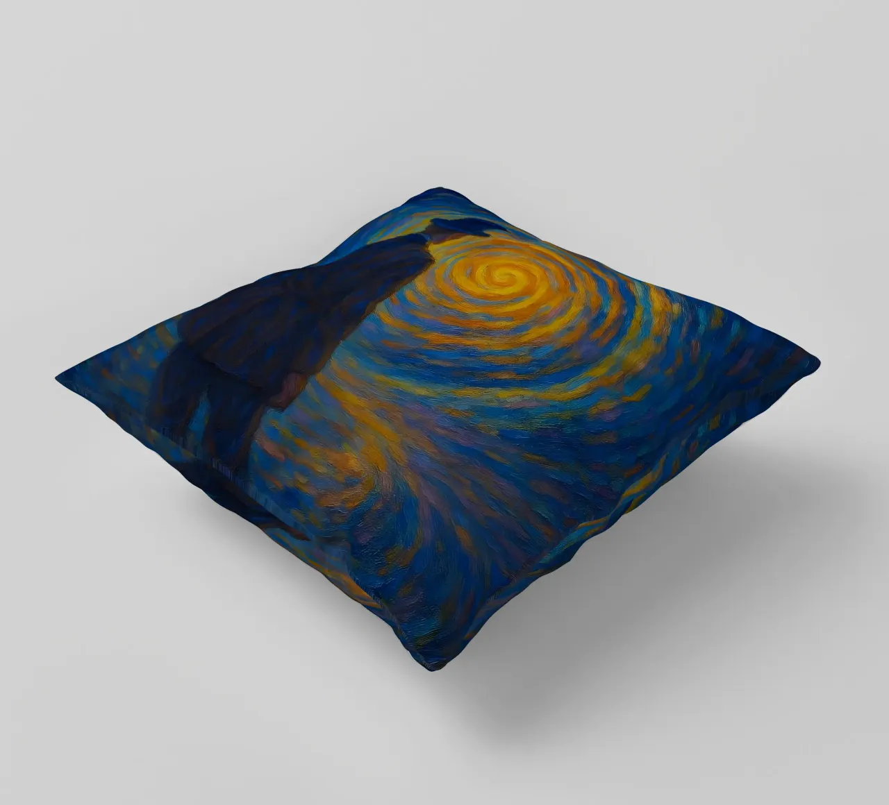 Uomo di fronte a un vortice luminoso in una scena onirica di vortice cuscino da Vincent’s Universe