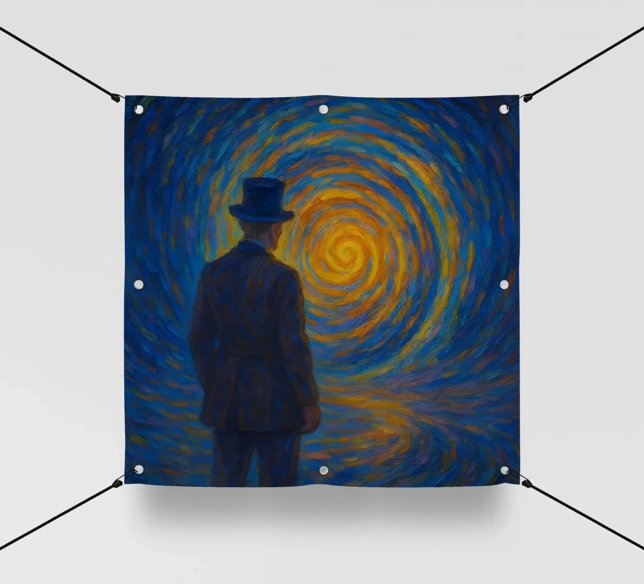 Uomo di fronte a un vortice luminoso in una scena onirica di vortice telo in pvc da Vincent’s Universe