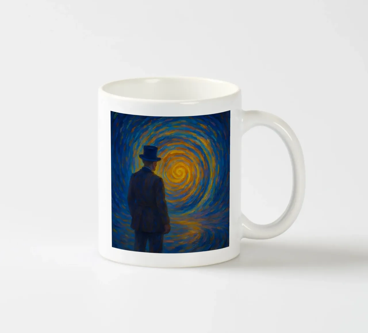 Uomo di fronte a un vortice luminoso in una scena onirica di vortice tazza in ceramica da Vincent’s Universe