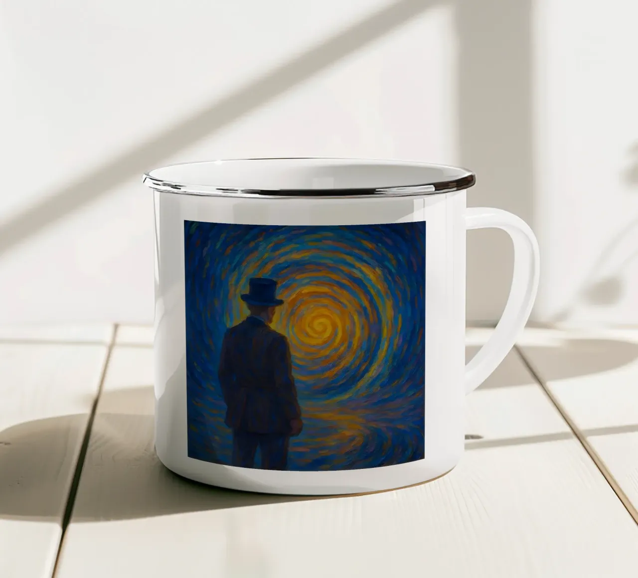 Uomo di fronte a un vortice luminoso in una scena onirica di vortice tazza in smalto da Vincent’s Universe