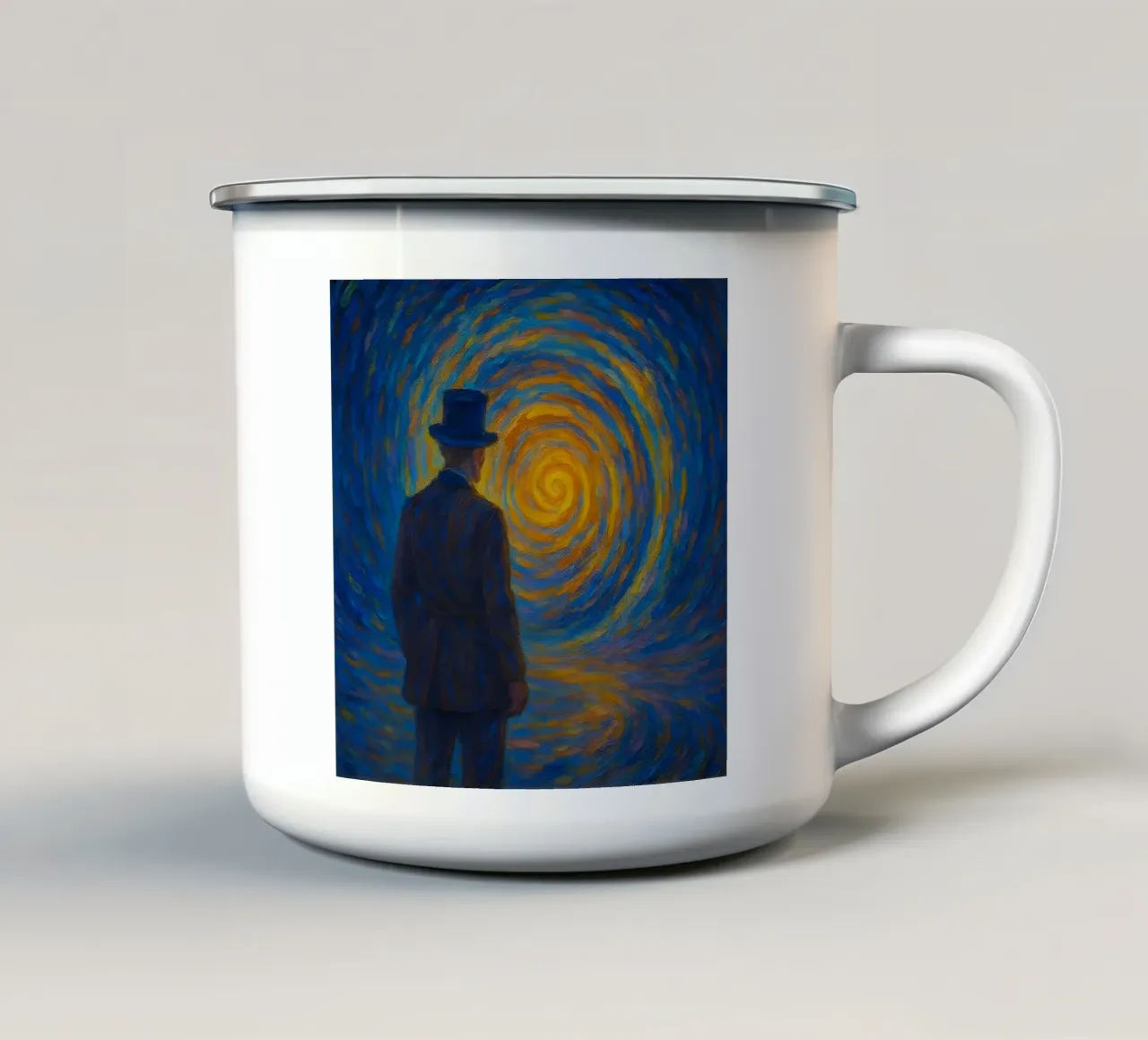 Uomo di fronte a un vortice luminoso in una scena onirica di vortice tazza in smalto da Vincent’s Universe