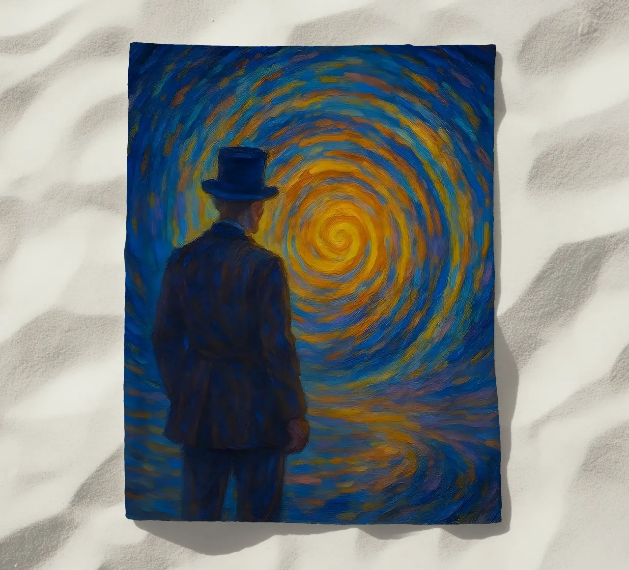 Uomo di fronte a un vortice luminoso in una scena onirica di vortice telo mare da Vincent’s Universe