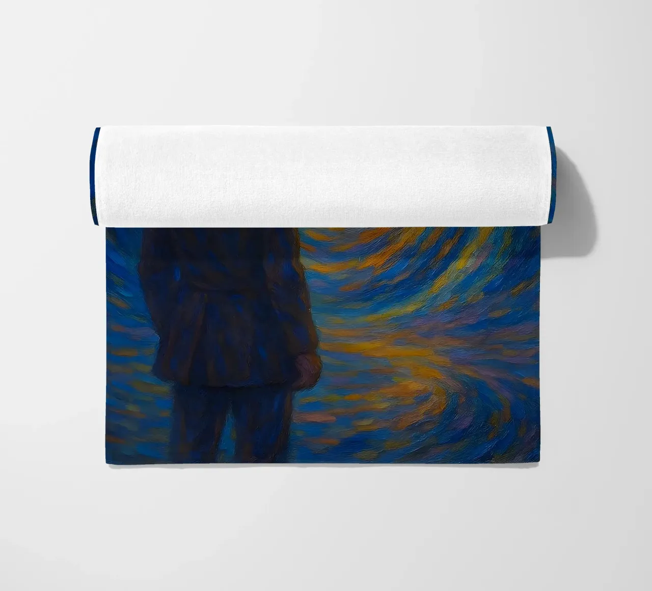 Uomo di fronte a un vortice luminoso in una scena onirica di vortice telo mare da Vincent’s Universe