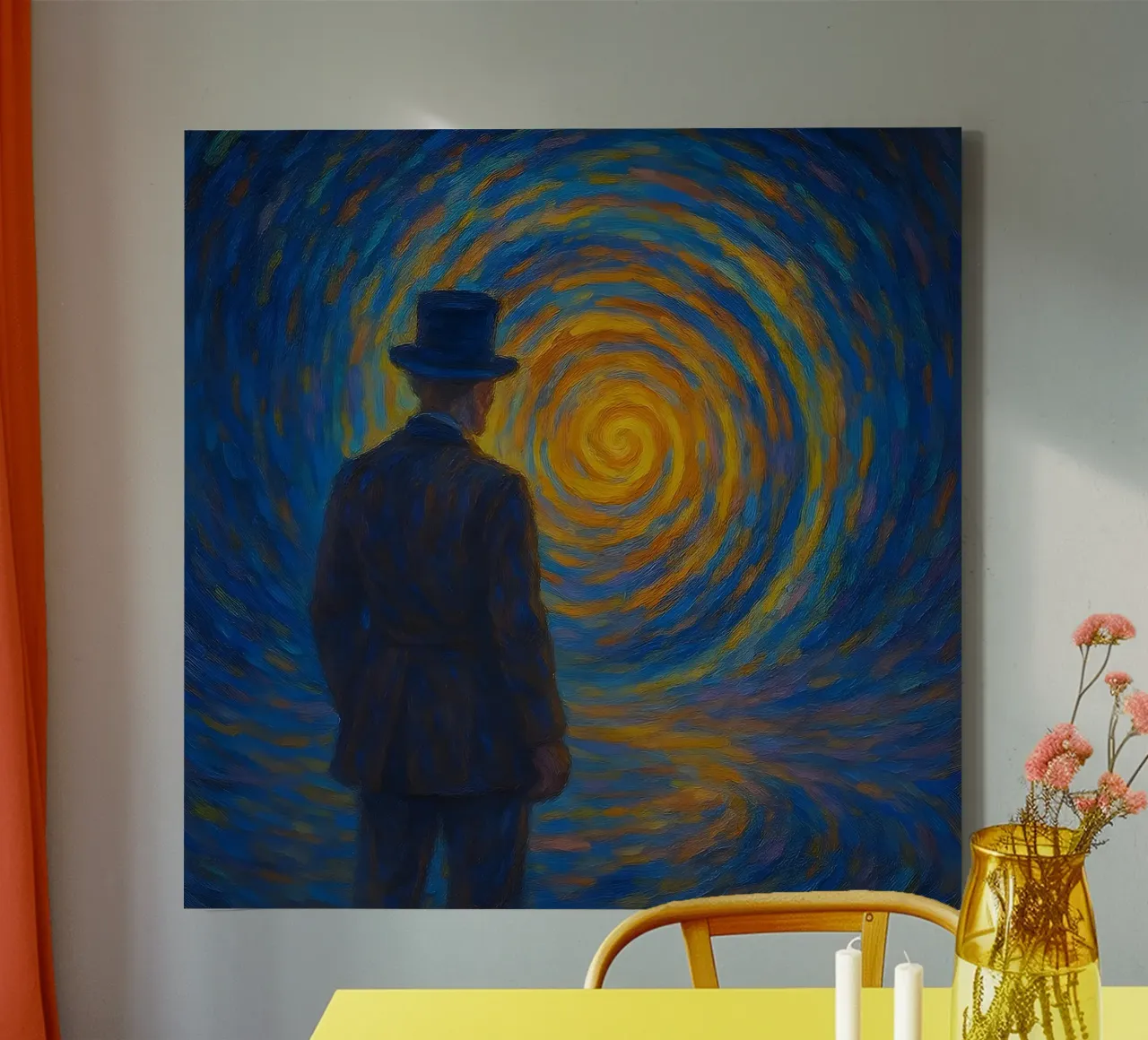 Man Facing Glowing Swirl in Dreamlike Vortex Scene canvas by Vincent’s Universe