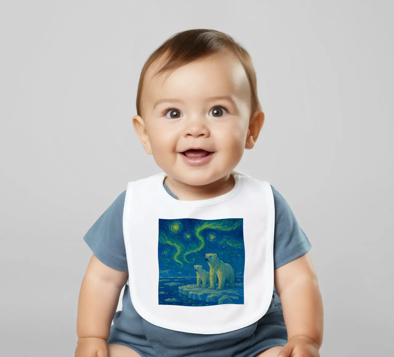 Orsi polari sul ghiaccio in un cielo notturno luminoso e vorticoso bavaglino da Vincent’s Universe