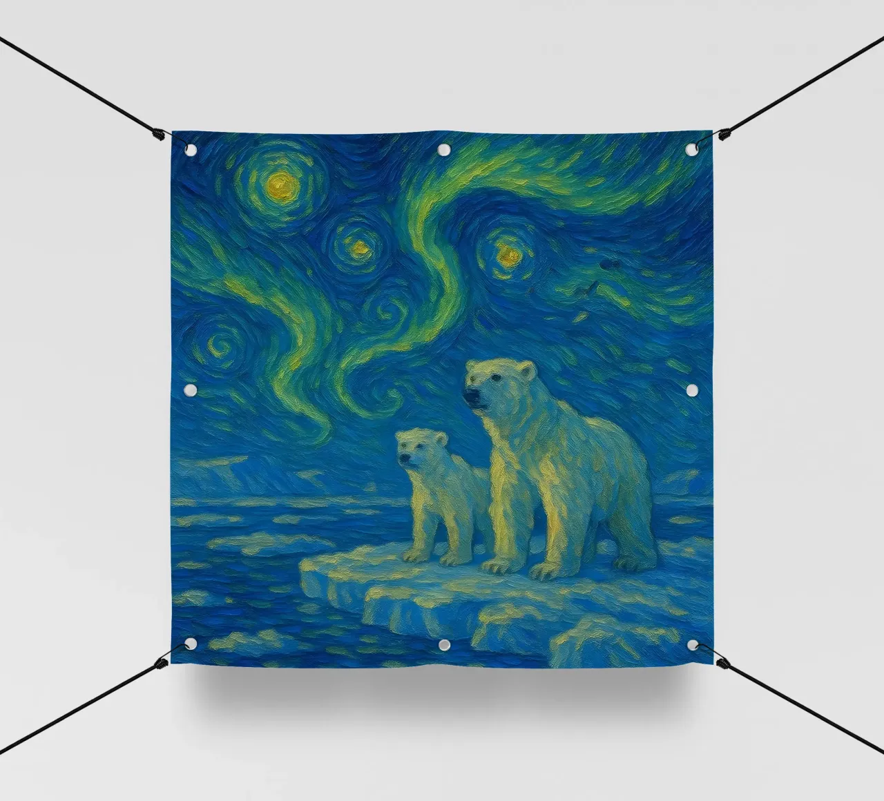 Orsi polari sul ghiaccio in un cielo notturno luminoso e vorticoso telo in pvc da Vincent’s Universe