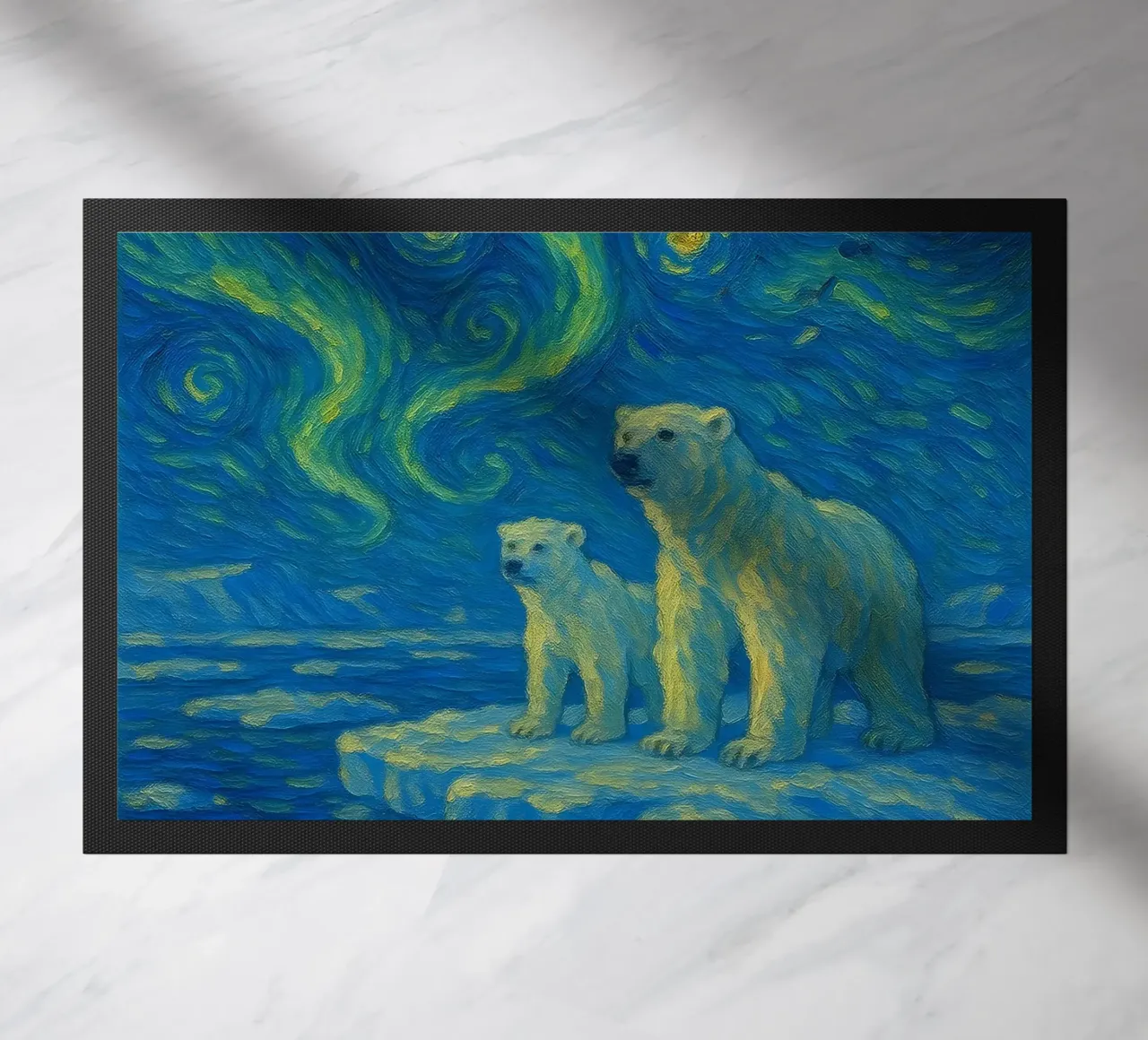 Orsi polari sul ghiaccio in un cielo notturno luminoso e vorticoso zerbino da Vincent’s Universe