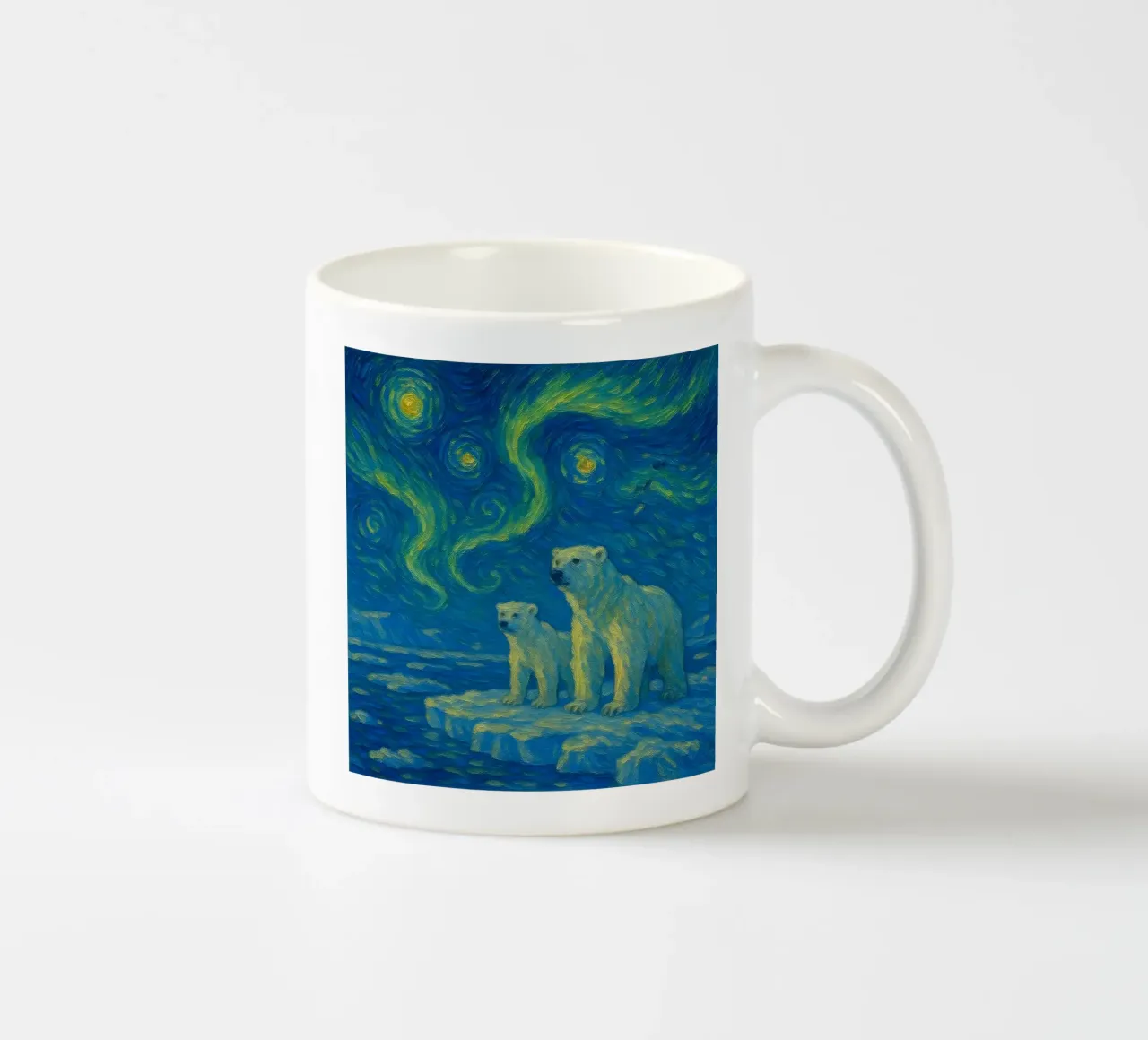 Orsi polari sul ghiaccio in un cielo notturno luminoso e vorticoso tazza in ceramica da Vincent’s Universe