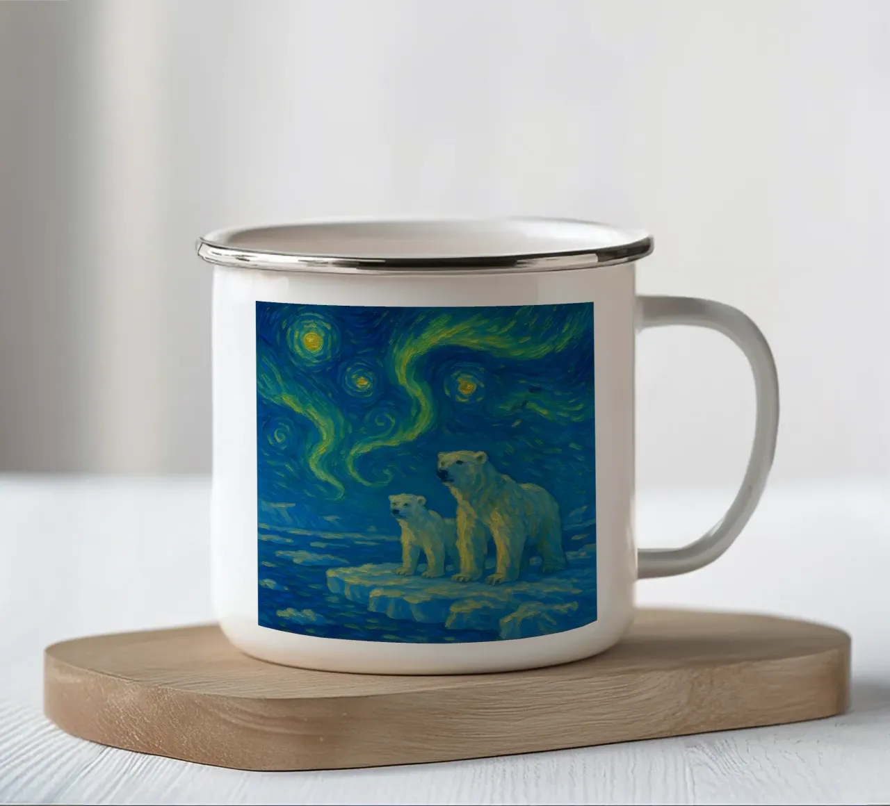 Orsi polari sul ghiaccio in un cielo notturno luminoso e vorticoso tazza in smalto da Vincent’s Universe