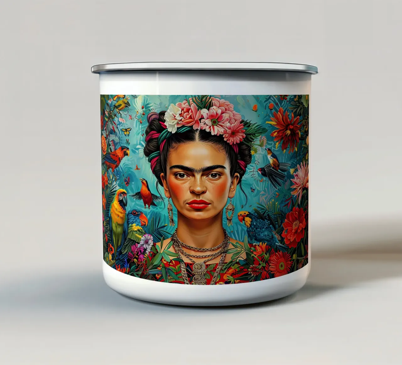Frida Kahlo "Strength in Silence" tazza in smalto da Fantasias Florales