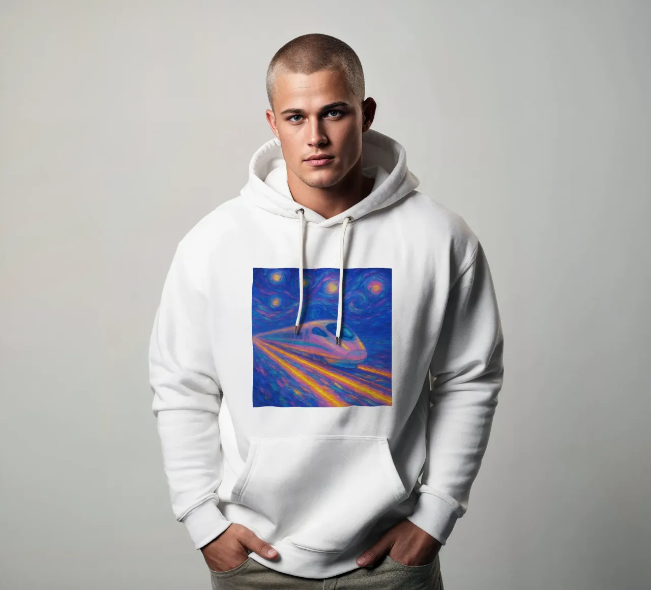 Treno proiettile al neon in corsa in una notte stellata e vorticosa felpa con cappuccio da Vincent’s Universe