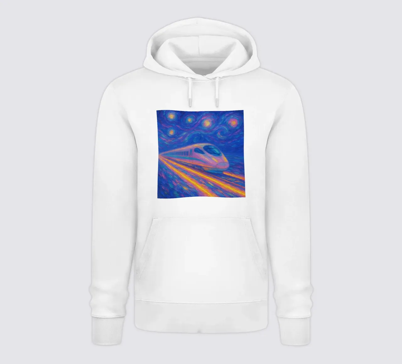 Treno proiettile al neon in corsa in una notte stellata e vorticosa felpa con cappuccio da Vincent’s Universe