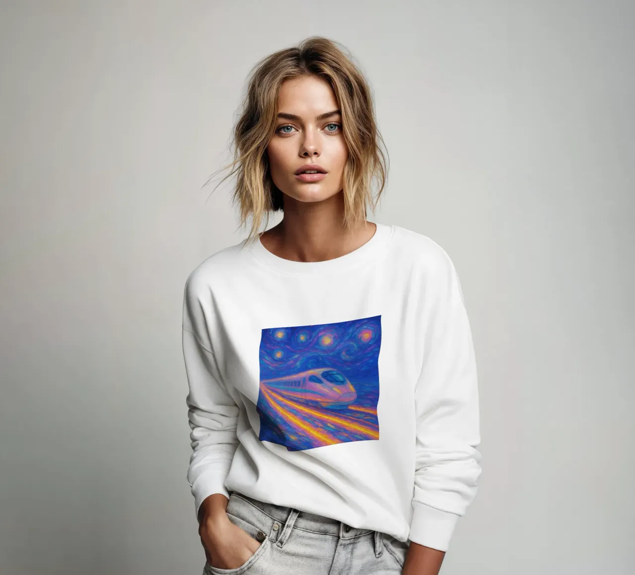 Neon Bullet Train raast door een wervelende sterrennacht sweatshirt van Vincent’s Universe