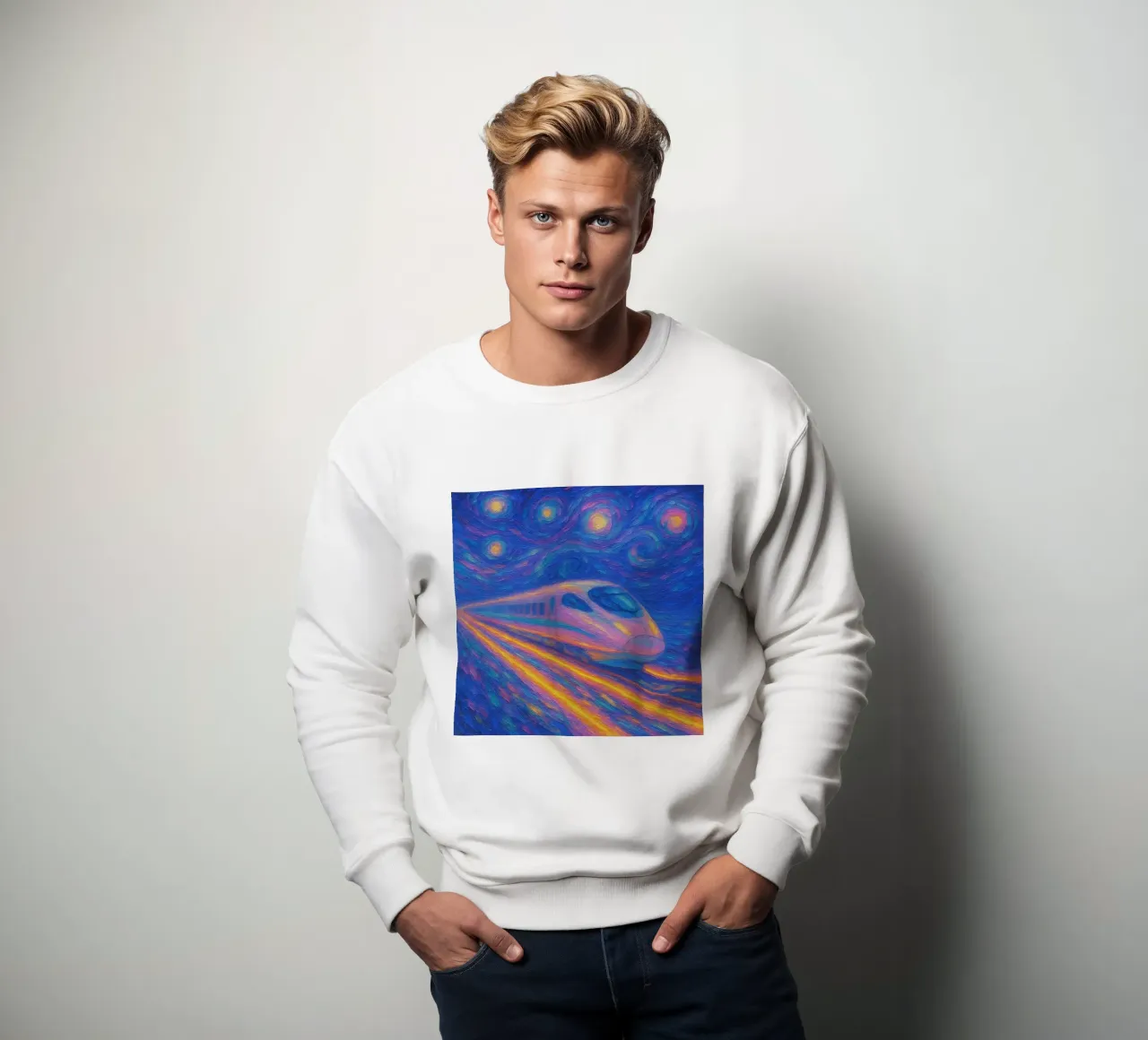 Neon Bullet Train raast door een wervelende sterrennacht sweatshirt van Vincent’s Universe
