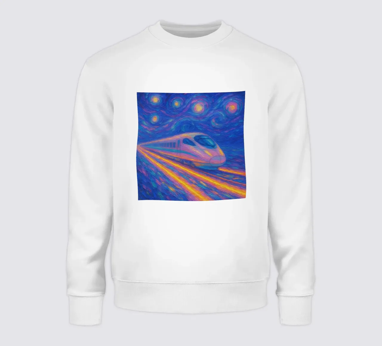 Neon Bullet Train raast door een wervelende sterrennacht sweatshirt van Vincent’s Universe