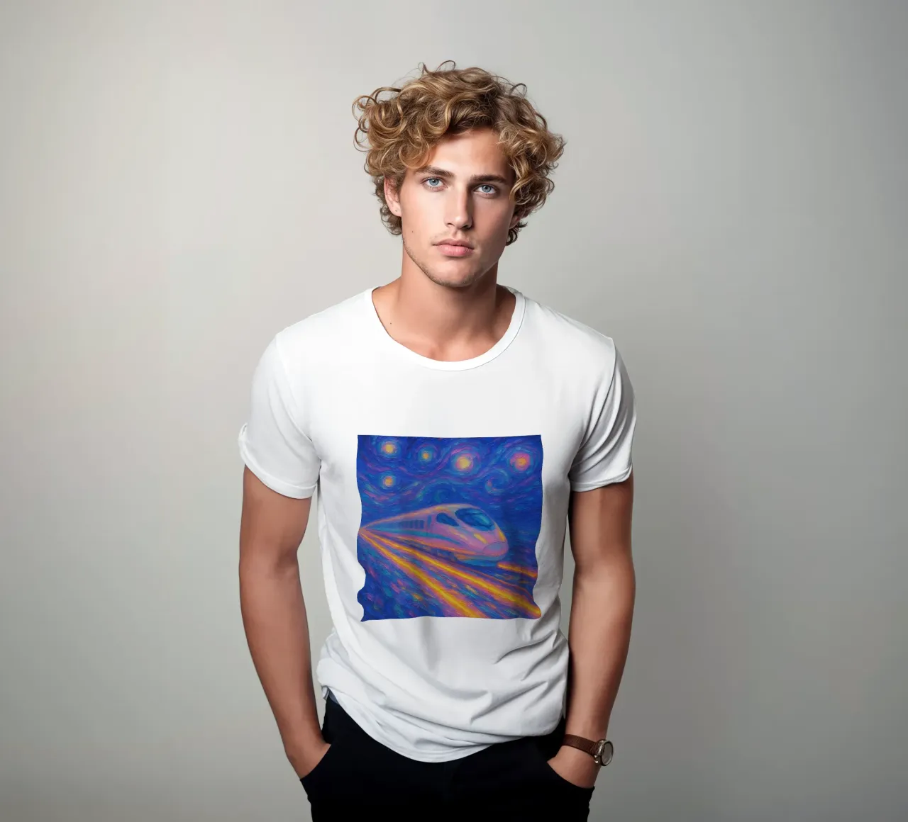 Treno proiettile al neon in corsa in una notte stellata e vorticosa t-shirt da Vincent’s Universe