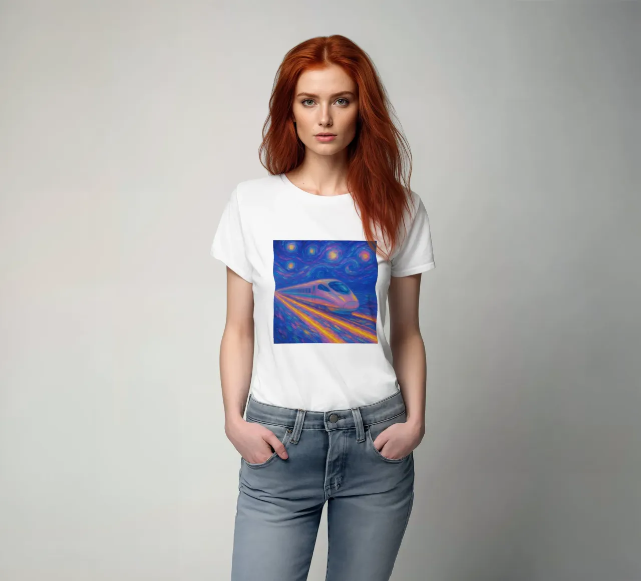 Treno proiettile al neon in corsa in una notte stellata e vorticosa t-shirt da Vincent’s Universe