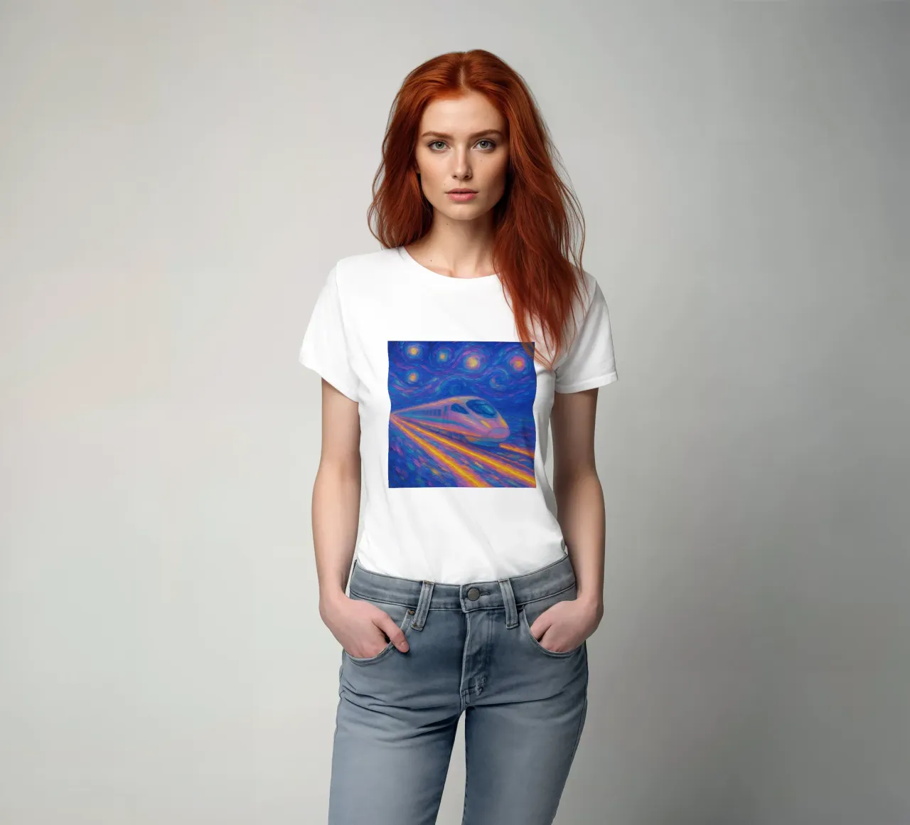 Treno proiettile al neon in corsa in una notte stellata e vorticosa t-shirt da Vincent’s Universe