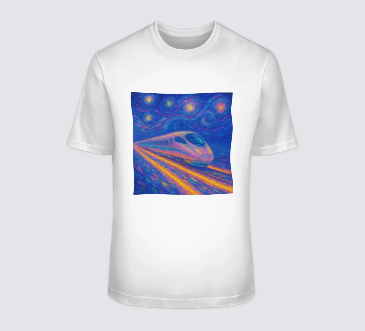 Treno proiettile al neon in corsa in una notte stellata e vorticosa t-shirt da Vincent’s Universe